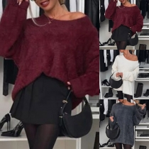 Fashion Solid Color Crew Neck Long Sleeve Plush Sweater