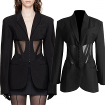 Street Fashion Notch Lapel Gauze Spliced Cinch Waist Long Sleeve Blazer