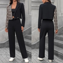 Elegant Plaid Two-piece Suit Set Consist of Crop Blazer and Straight-cut Pants