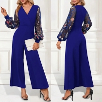 Fashion Floral Embroidered Gauze Spliced Long Sleeve V-neck Wide-leg Jumpsuit