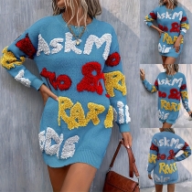 Street Fashion Contrast Color Letter Pattern Crew Neck Long Sleeve Sweater Dress