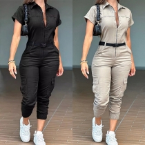 Fashion Half Zipper V-neck Short Sleeve Patch Pockets Jumpsuit