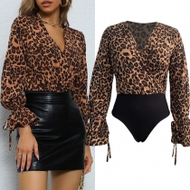 Sexy Leopard Printed V-neck Long Sleeve Bodysuit