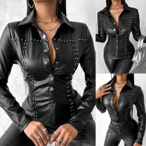 Street Fashion Rivet Stand Collar Long Sleeve Artificial Leather PU Blouse