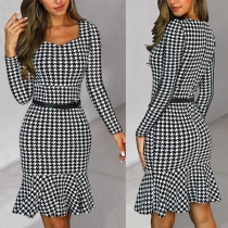 Vintage Houndstooth Pattern Square Neck Long Sleeve Ruffle Hemline Bodycon Dress