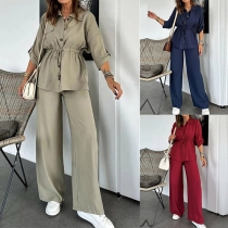Fashion Two-piece Set Consist of Drawstring Waist Shirt and Straight-cut Pants