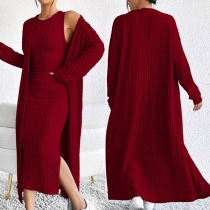 Fashion Ribbed Two-piece Set Consist of Longline Cardigan and Side Slit Dress