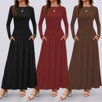 Fashion Solid Color Crew Neck Long Sleeve Side Pocket Maxi Dress