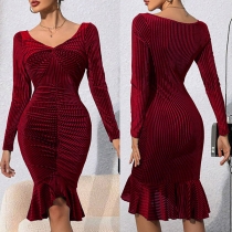Sexy V-neck Long Sleeve Fishtail Hemline Velvet Bodycon Dress
