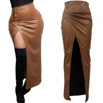 Sexy Side Button Front Slit High-rise Artificial Leather PU Maxi Skirt