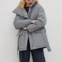 Fashion Stand Collar Long Sleeve Patch Pockets Self-tie Quilted Jacket