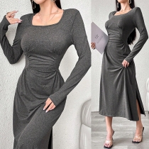 Fashion Square Neck Long Sleeve Cinch Waist Side Slit Maxi Dress