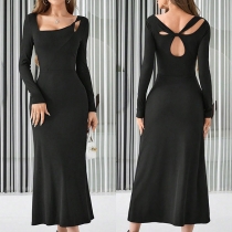 Sexy Irregular Hemline Long Sleeve Back Cutout Maxi Dress