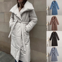 Fashion Lapel Collar Long Sleeve Self-tie Quilted Longline Jacket