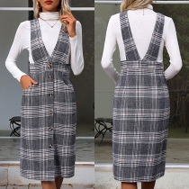 Vintage V-neck Front Button Plaid Tweed Suspender Skirt