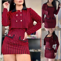 Fashion Houndstooth Printed Two-piece Set Consist of Double-breasted Crop Jacket and Bodycon Slip Dress