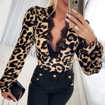 Fashion Leopard Printed Lace Spliced V-neck Long Sleeve Shirt
