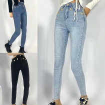Fashion Button High-rise Old-washed Skinny Denim Jeans