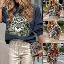 Street Fashion Leopard Printed Crew Neck Long Sleeve Sweatshirt