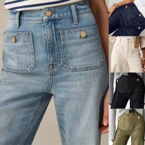 Street Fashion Button Patch Pockets Straight-cut Old-washed Denim Jeans