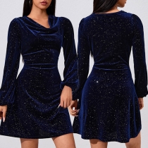 Fashion Bling-bling Draped Neck Long Sleeve Mini Dress