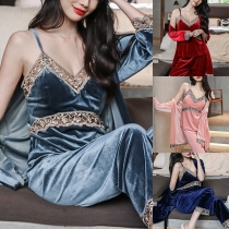 Comfy Lace Spliced Three-piece Loungewear Set Consist of Cami Top, Pants and Robe