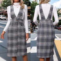 Vintage Plaid V-neck Front Button Suspender Skirt