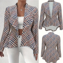 Vintage Houndstooth Lapel Long Sleeve High-low Hemline Blazer