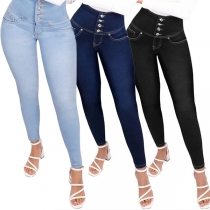Sexy Button High-rise Old-washed Skinny Denim Jeans