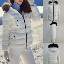 Street Fashion Plush Spliced Hooded Long Sleeve Multi-pockets Quilted Jacket for Women
