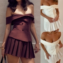 Sexy Two-piece Set Consist of Strapless Double-breasted Shirt and Pleated Skirt