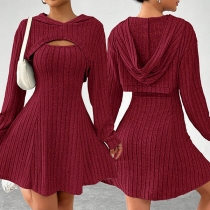 Fashion Ribbed Two-piece Set Consist of Crop Hooded Shirt and Tank Dress