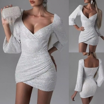 Sexy Bling-bling Sequined V-neck Long Sleeve Irregular Hemline Bodycon Party Dress