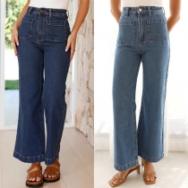 Street Fashion Patch Pockets High-rise Straight-cut Old-washed Denim Jeans