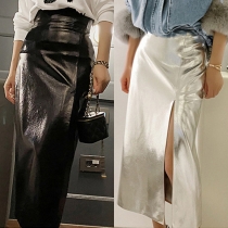 Sexy Bright Color High-rise Side Slit Artificial Leather PU Skirt