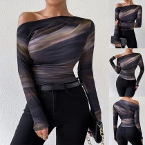 Sexy Gradient Color Slant Shoulder Long Sleeve Slim-fit Shirt