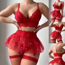 Sexy Bead Lace Spliced Gauze Three-piece Lingerie Set