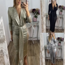 Fashion Bright Color Plunge V-neck Long Sleeve Self-tie Bodycon Dress