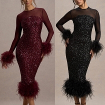 Sexy Gauze Spliced Sequined Plush Bodycon Party Dress