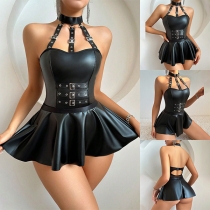 Sexy Buckle Halter Neck Backless Artificial leather PU Lingerie Dress