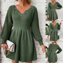 Fashion Bead V-neck Long Sleeve Cinch Waist Sweater Dress