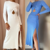 Sexy Crew Neck Long Sleeve Front Cutout Side Slit Ribbed Dress
