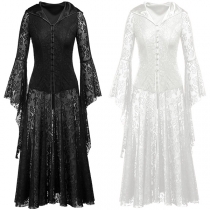 Vintage Lolita Style Trumpt Long Sleeve Front Button Back Lace-up Hooded Floral Jacquard Lace Dress