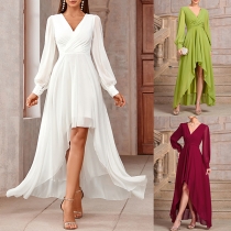 Elegant Solid Color V-neck Long Sleeve High-low Hemline Chiffon Dress