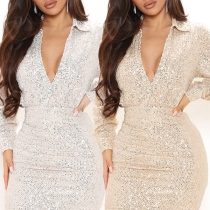 Sexy Sequined Stand Collar V-neck Long Sleeve Bodycon Dress