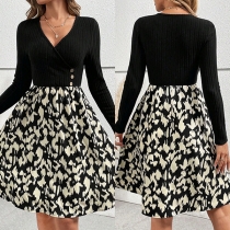 Fashion Contrast Color Leopard Printed V-neck Long Sleeve Mini Dress