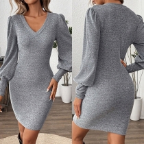 Fashion Bling-bling V-neck Long Sleeve Bodycon Dress