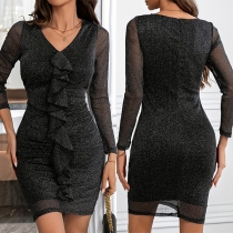 Fashion Bling-bling Ruffle V-neck Long Sleeve Bodycon Dress