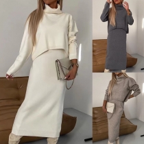Fashion Ribbed Two-piece Set Consist of Turtleneck Sweater and Sleeveless Dress