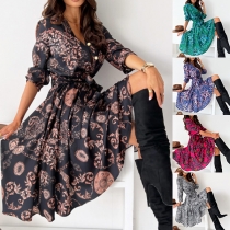 Street Fashion Floral Printed V-neck Long Sleeve Self-tie Dress